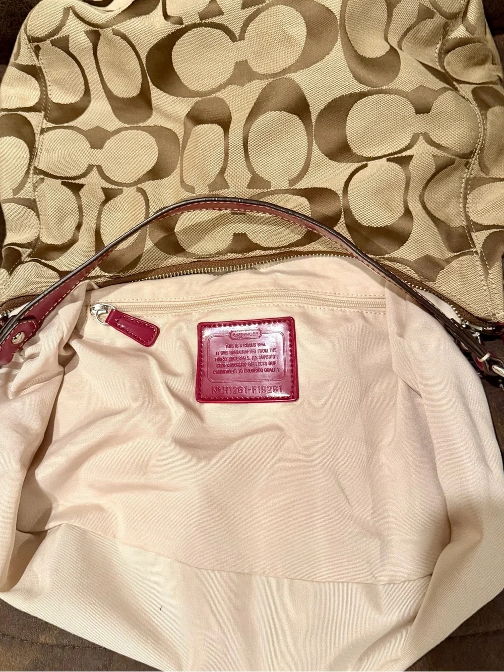 Coach Signature Khaki & Berry Red Canvas Hobo Shoulder Bag with Crossbody Strap